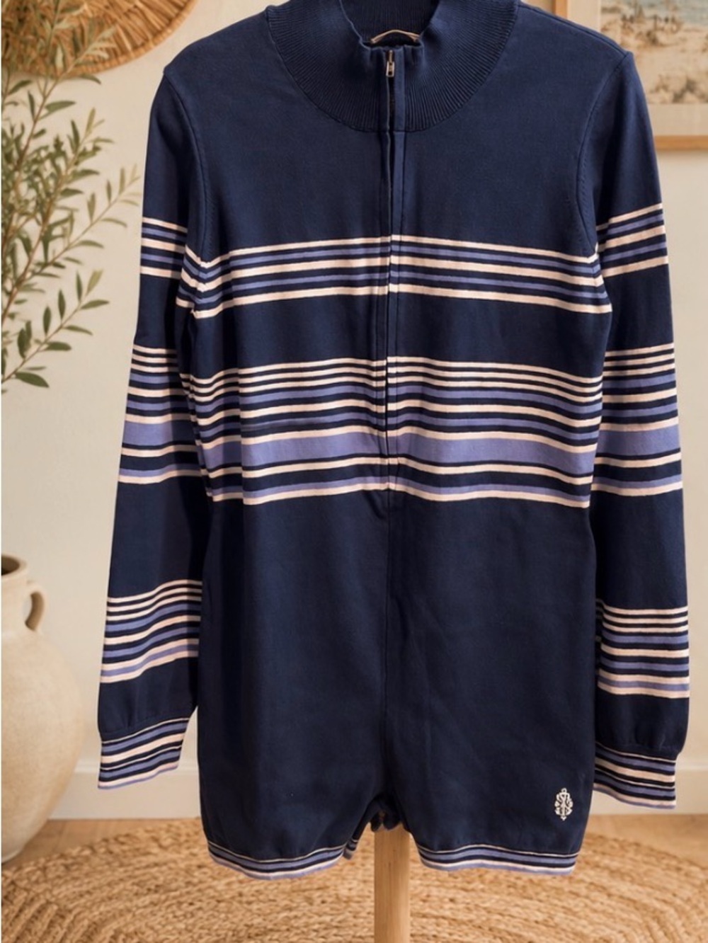 FP Movement by Free People Striped Zip Front Knit Romper Navy Blue Size XL NWOT